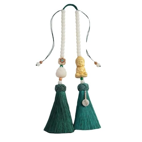 Buddha Statue Car Hanging Ornament, Rear View Mirror Accessories with Tassels, Decorative Fo Bao Ping an Charm (Green) Green