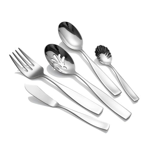 Five-piece Citesana stainless steel serving utensils set with silver finish, including spoons and tongs on a white background.