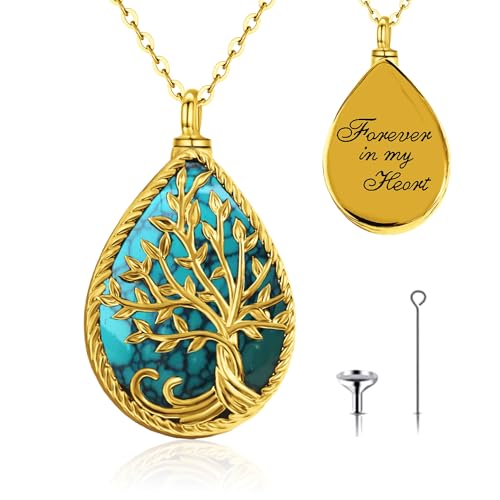 Tree of Life Urn Necklace Teardrop Memorial Keepsake Pendant Antique Turquoise Gold