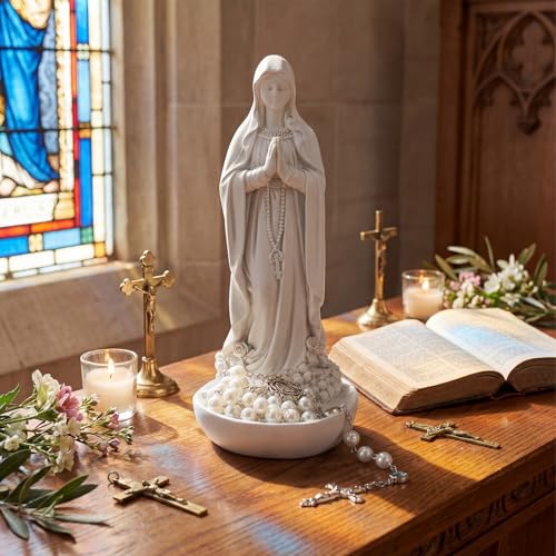 Qunclay Virgin Mary Rosary Holder 7.8"H Mary Statue with White Cross Rosary