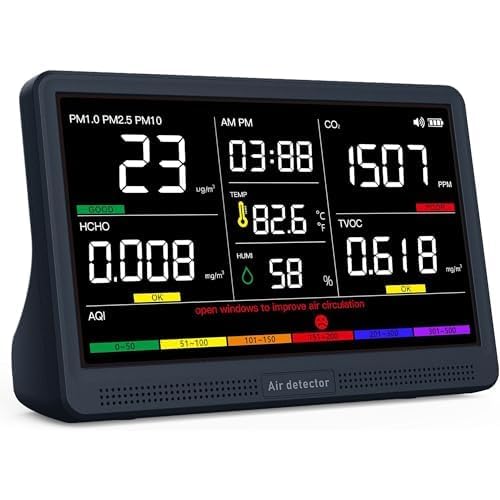 [Australia - AusPower] - Professional Indoor Air Quality Monitor with 7X AQI Beep Alarms,16 in 1 Portable Real-Time Detector for PM2.5 | PM10 | CO2 | TVOC | HCHO | Temp | Hum for Home Cars Plants Pets (Dark Black) Dark black 