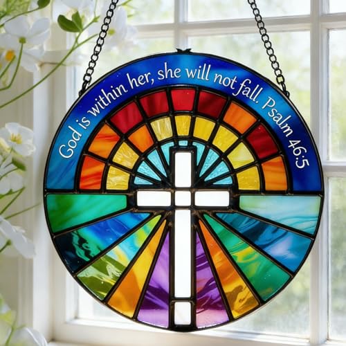 8" Sun Catcher Stained Glass Stained Glass Window hangings - God is Within Her Psalm 46:5 Bible Verse Design - Colorful Rose Window Cross Religious Suncatcher - Christian Gift for Women