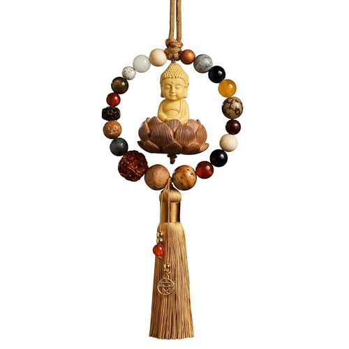 Traditional Chinese Fengshui Boxwood Buddha with Lotus Statue, Car Rearview Mirror Pendant, Lucky Protection Amulet, Home Hanging Ornament Decor (Yellow) Yellow