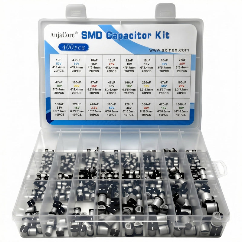 400 Pcs 24 Values 1uF-1000uF SMD Aluminum Electrolytic Capacitor Kit Assortment with Storage Box, ±20% Tolerance, -40℃ to 105℃ for DIY Repair LED Electronic Projects 400