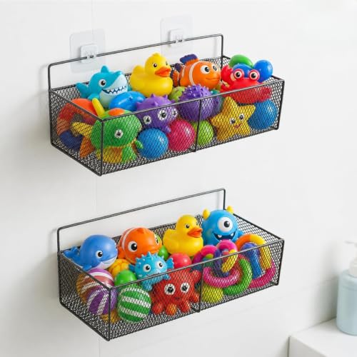2 Pack Bath Toy Storage Basket, Wall Mounted Metal Mesh Bathtub Organizer with Drainage, Rust Resistant Space Saving Shower Holder for Kids Toys and Bathroom Toiletries