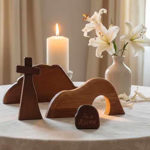 Wooden Christian Decor, Empty Tomb Cross and He is Risen Sign