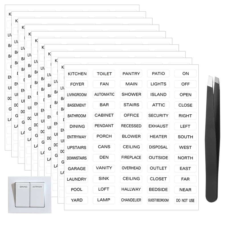 650 PCS Light Switch Labels, Clear Transparent with Text Light Switch Sticker Set for Home and Office Organization, with Tweezers