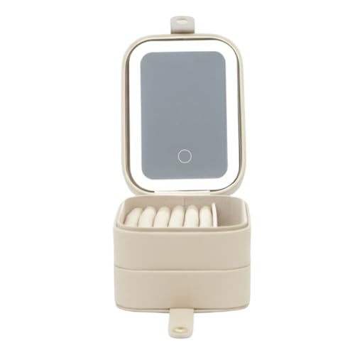 Impressions Vanity Montreaux Double Layer Jewelry Travel Case with LED Mirror, Ring and Earring Cushion with 3 Open Dividers, Slip Pocket, and 4 Open Dividers Travel Jewelry Organizer Box (Cream) Cream
