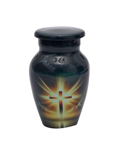 Aluminum Cremation Urn for Human Ashes – Black Urn with Radiant Christian Cross Design, Decorative Memorial Funeral Urn for Adult, Home or Burial