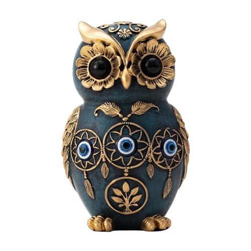 Blue Owl Statue with Evil Eye & Dreamcatcher Decor - 4.8" Resin Owl Figurine for Shelf, Desk & Living Room - Gold Accents Wisdom Bird Sculpture - Unique Boho Spiritual Protection Gift for Women, Mom Blue
