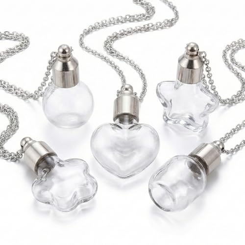 5 Pcs Vial Necklace Heart Flower Perfume Bottle Pendant Glass Ashes Holder Cremation Urn Necklace Mini Stainless Steel Pendants Blood Container Memorial Jewelry for Women Men