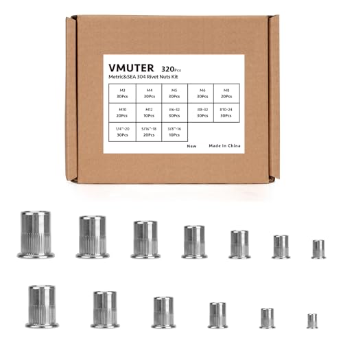 Vmuter 320-piece metric and SAE rivet nuts kit with silver 304 stainless steel flat head rivnuts