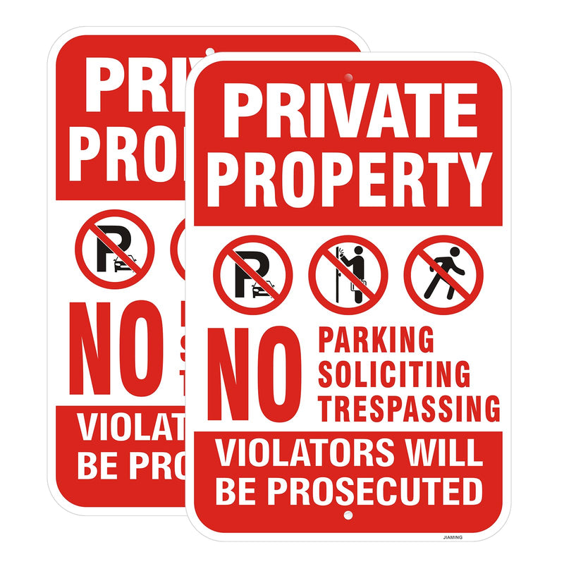 2 Pack Private Property No Trespassing Signs - 18x12 Inch No Parking No Soliciting Reflective with Violators Be Prosecuted Warning, Rust-Free Aluminum Weatherproof UV Protected for Yard, Driveway