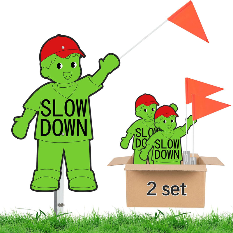 Copkim 2 Set Metal Slow Down Kids at Play Sign with Stake Safety Flag Double Sided Weatherproof Children at Play Safety Street Sign 38" Tall for Neighborhoods Community Outdoor Yard(Boy Style,Green) Green Boy Style