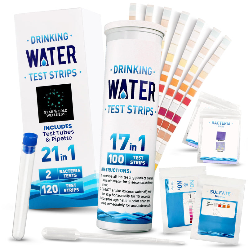 21-in-1 Drinking Water Test Kit – 120 Water Test Strips + 2 Bacteria Tests | Home Tap & Well Water Quality Testing for Lead, pH, Hardness, Chlorine, Nitrate, Iron & More