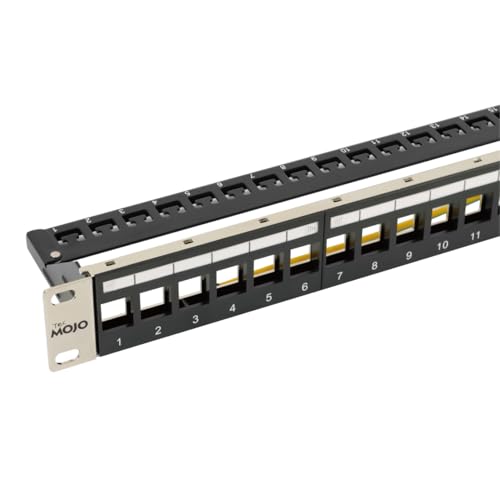 Tecmojo 19 Inch Patch Panel with 24 Ports, Empty, Suitable for Shielded and Unshielded Keystone Module Sockets, with Rear Cable Management, Black (19" Patch Panel with 24 Ports)