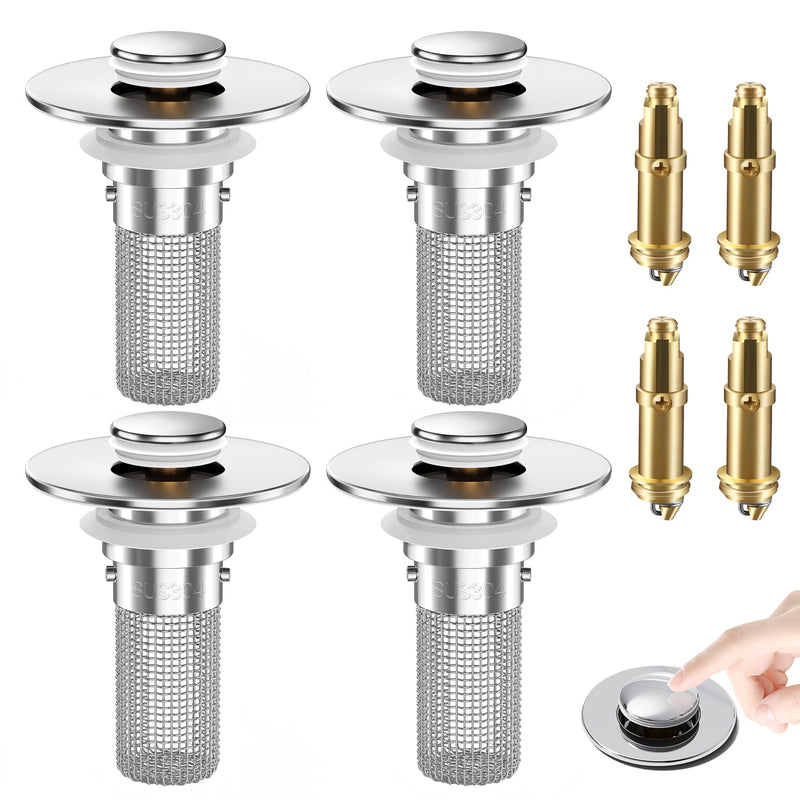 Bathroom Sink Drain Strainer, Pop-Up Bathroom Sink Stopper with Removable Stainless Steel Hair Catcher Basket, Universal Fit for US Bathroom Sinks, Showers & Floor Drains (4pcs) 4pcs