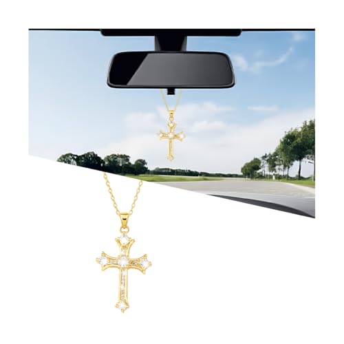 Bling Cross Car Mirror Hanging Ornament, Crystal Rhinestone Christian Rear View Mirror Hanger Charm, Diamond Religions Automotive Rearview Pendant, Universal for SUV Van Truck (Golden) Golden