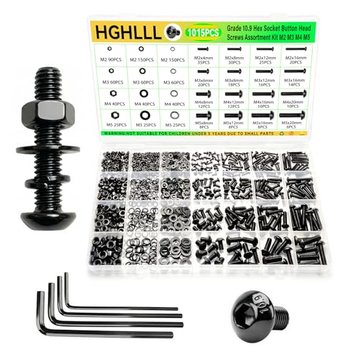 1015 Pcs Metric Machine Screws Assortment Kit - M2 M3 M4 M5 Grade 10.9 Alloy Steel Hex Socket Button Head Screw Set with Nuts and Bolts, Lock & Flat Washers for DIY, 3D Printer, Machinery M2M3M4M5 1015pcs