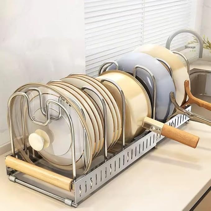 Expandable Pot and Pats Organizer for Cabinet 304 Stainless Steel, 10 Adjustable Dividers Expandable Cookware Rack for Cutting Boards Frying Bakeware, Expanded Size 22.64" Lx7.28 Wx7.68 H