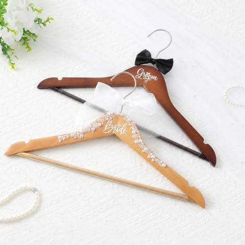 2 Pack Bride and Groom Wedding Hanger Set, Wooden Bride Hanger for Wedding Dress, Elegant Wedding Dress Hanger with Pearls and Bow Tie