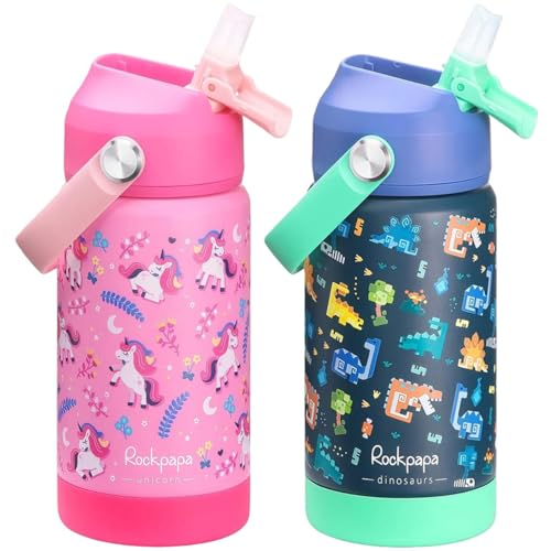 rockpapa 14oz Kids Insulated Water Bottle, 18/8 Stainless Steel Toddler Cup Unicorn+Dinosaur