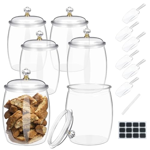 Six clear plastic cookie jars with lids, each holding 42 oz of candies or cookies, by SENONAPO.