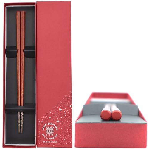 Kasyou Studio Japanese Noto Hiba wood chopsticks with red top, single pair, traditional design for dining and culinary use.