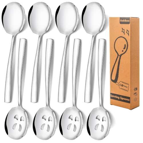 Stainless Steel Serving Spoons Set, 9.2-Inch Large Slotted Spoon x 4, Serving Spoon x 4, Big Serving Utensils Set for Buffet, Parties, Catering (4 Slotted & 4 Solid, Silver) Silver, 4 Slotted & 4 Solid