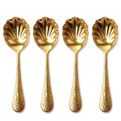 Serving Spoons 4Pack, 18/10 Stainless Steel Large Serving Spoons Set, Hammered Long Handle Serving Spoons for Buffet, Scalloped Design Serving Utensils for Kitchen Party Buffet Banquet (Gold) Gold