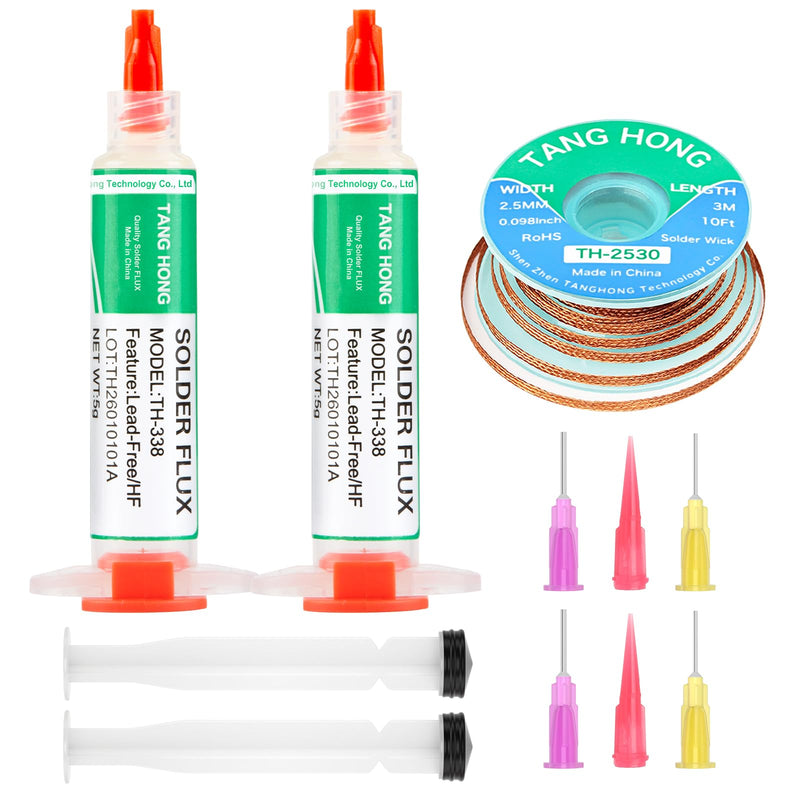 TH-338 Flux Soldering, 5 ml No-Clean Lead-Free Rosin Flux (Pack of 2), 2.5 mm/3 m Desoldering Braid (Pack of 1), Suitable for Mobile Phone Soldering, BGA, Household Appliance Repairs 3-piece set