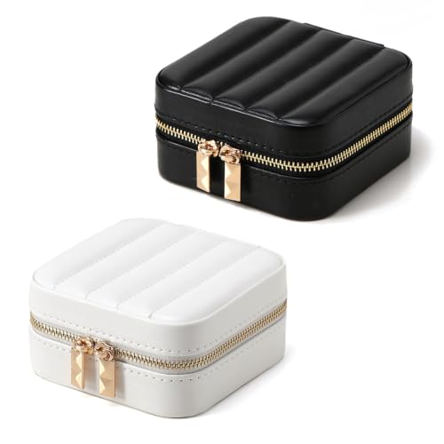 2-Packs Pure White & Black Small Jewelry Box, Easy Carried Travel Jewelry Organizer PU Leather Mini Holder Box, Necklace, Earring, Rings, Bracelets