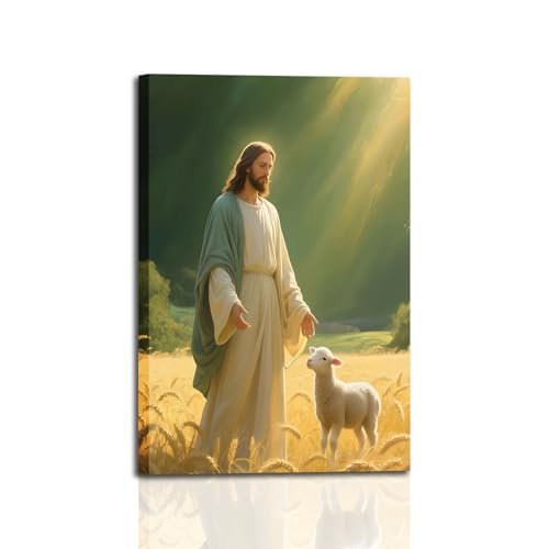 Jesus and Lamb Canvas Wall Art Christian Religious Painting Print 12x16 in Green 12"L x 16"W