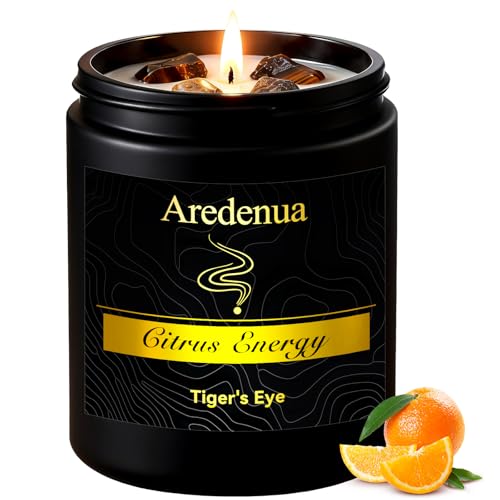 Citrus Scented Candle with Tiger's Eye Crystals, Gift for Women Men Black-Heal Black-H2