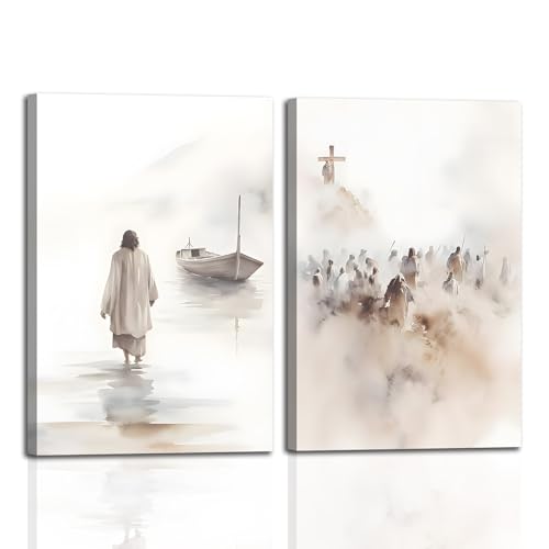 2pcs Framed Jesus Christ Walking Water Scenes Wall Art Christian 12x16in White 12x16 in