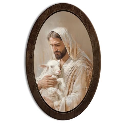 YZSLA Christian Wall Art Decor, Jesus and Lamb Rustic Framed Oval Wall Art Jesus-6