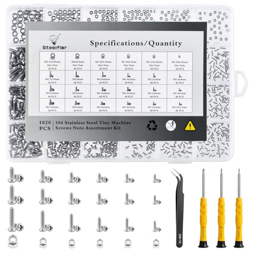 Steelflor 1020-piece micro screw assortment kit with M1-M2.5 stainless steel Phillips screws, nuts, and tools
