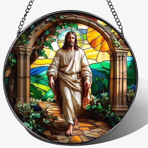 8 Inch Stained Glass Cross Suncatcher for Window Hanging Home Garden Decor Jesus