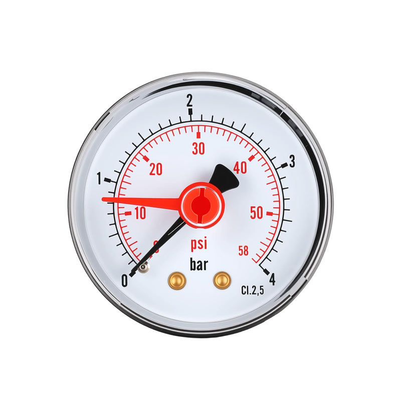 Pressure gauge, 0-4bar, G1/4, 2 inch dial, 2.5% accuracy, back connection ABS black plastic housing, with red hand