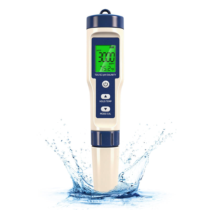 Pool Salt Tester & PH Meter - 5-in-1 Digital TDS Meter for Salinity PH Temp and EC, 0.01 High Accuracy, Swimming Pool, Hydroponics, Aquarium, Hot Tub, PPM Meter for Pool, Drinking Water, Wine, Food