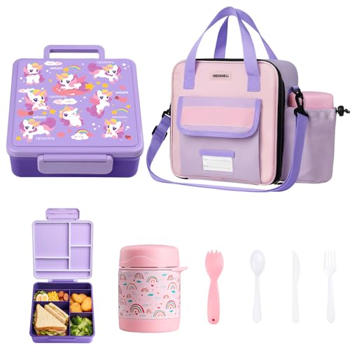 REDSHELL Bento Lunch Box for Kids Set, Leakproof Food Jar Pail with Insulated Bag, Toddler Snack Container Lunchbag for Girls Daycare, Back to School Lunchbox Kit, Includes Bottle Holder Strap, Purple
