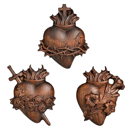Wooden Three Sacred Hearts Wall Decor Holy Family Heart-4 Inch Retro 4 Inch