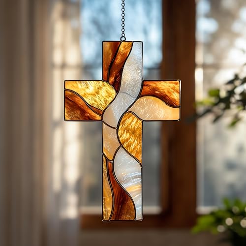 Amber Christian Cross Resin Suncatcher Size 6 Inches, Boho Stained Glass Effect Window Hanging Garden Decor, Gift for Mother's Day Mom Grandma Wife Women