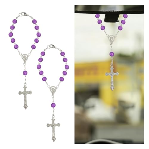 Craedli 2PCS Rosary Car Rear View Mirror Charm, Personalized Medal and Cross Automotive Interior Pendant, Universal Vehicle Mirror Hanging Ornament Accessories for Women Men(Purple) Purple