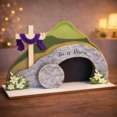 He is Risen Easter Nativity Set - Empty Tomb Decor with Stone Texture & Scripture Verse | Christian Easter Tabletop Display for Home, Church Altar | Religious Resurrection Decorations He is Risen