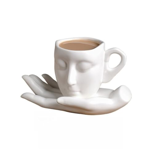 Sculpture Coffee Mug with Saucer Unique Artistic Ceramic Cup Set for Coffee Tea Lovers Gift 8.8oz White Black Silver (white)