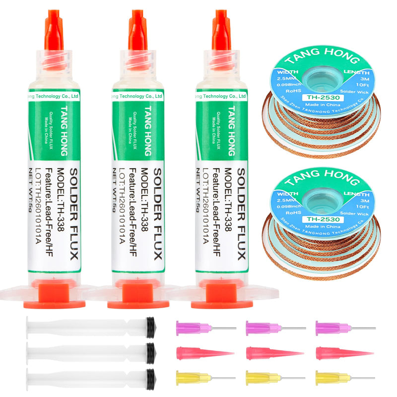 TH-338 Flux Soldering, 5 ml No-Clean Lead-Free Rosin Flux (Pack of 3), 2.5 mm/3 m Desoldering Braid (Pack of 2), Suitable for Mobile Phone Soldering, BGA, Household Appliance Repairs 5-piece set