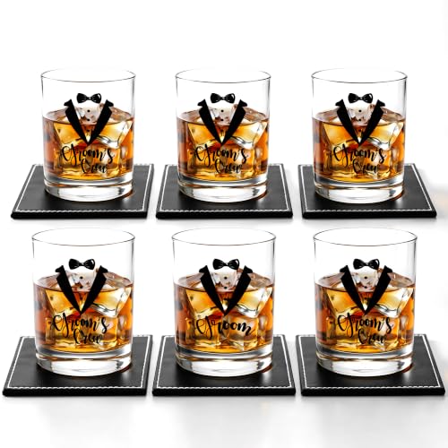 Set of 6 Engraved Whiskey Glasses for Groomsmen Gifts – 1 Groom + 5 Groom's Crew Rocks Glasses with Leather Coasters & Gift Boxes for Wedding, Bachelor Party Favors