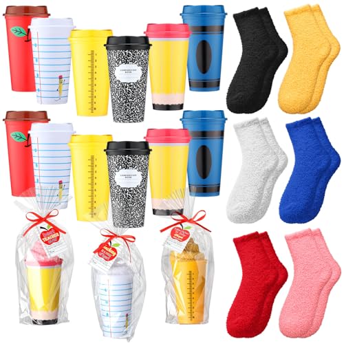Hushee 6 Sets/ 18 Pcs Teacher Appreciation Gifts Set Thank You Gifts from Student Funny 16 oz Teacher Coffee Cup Fuzzy Socks Apple Card with 20 OPP Bags for Women Men Graduation End of Year
