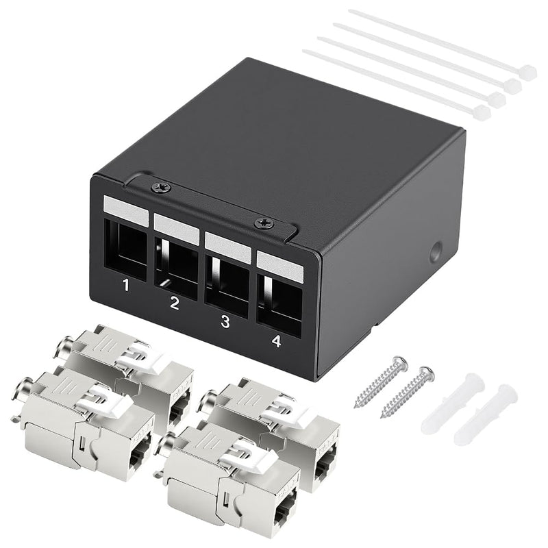 AXFEE CAT 7 Patch Panel, 4-Port Patch Panel Distribution Panel with 4 Jack | 10 Gbps patch panel set with RJ45 keystone, patch panel compatible with CAT6 CAT6a CAT7 installation cable network cable 4 Port + 4 x RJ45 Keystone